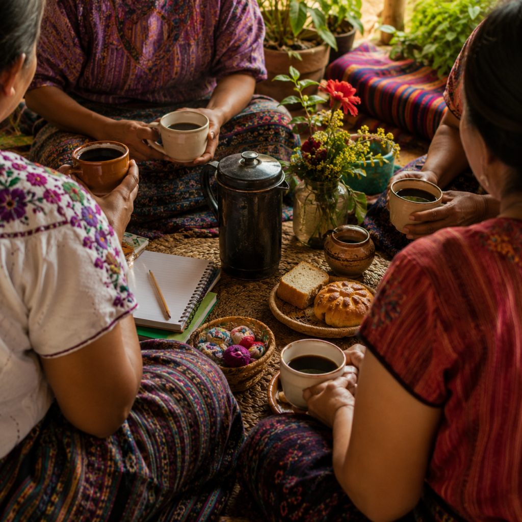 Mujeres tomando café - imagen generada por IA representando los valores del proyecto